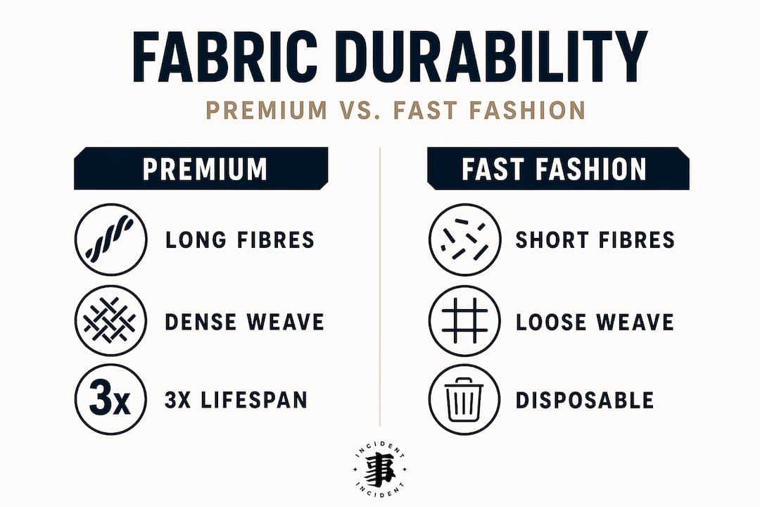Infographic comparing premium versus fast fashion fabric durability