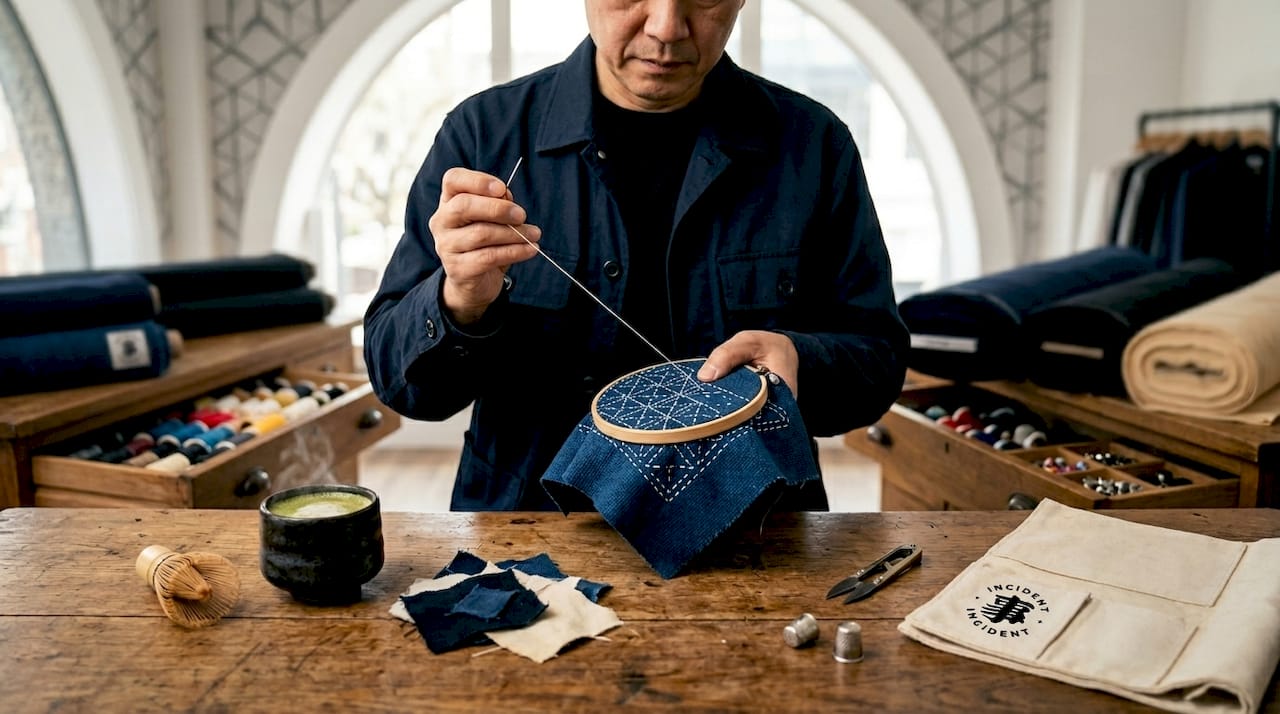 Artisan sewing sashiko in sunny studio