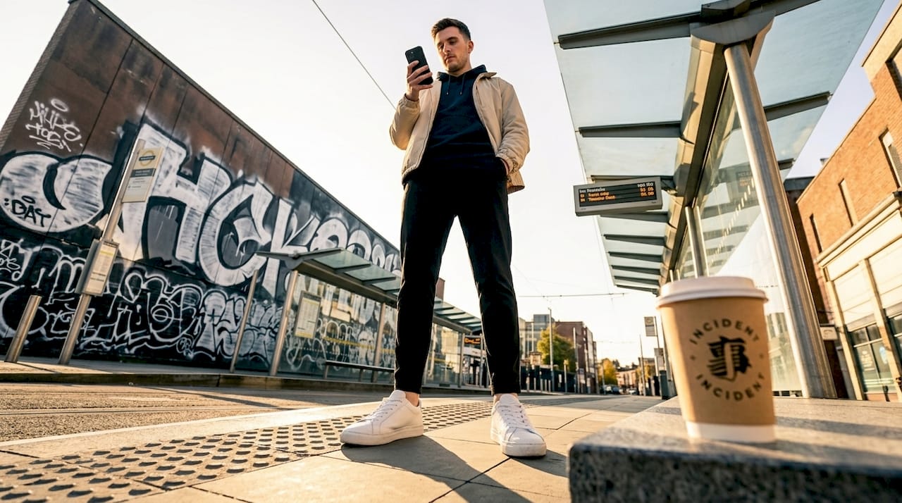 Young adult in tailored streetwear at bus stop