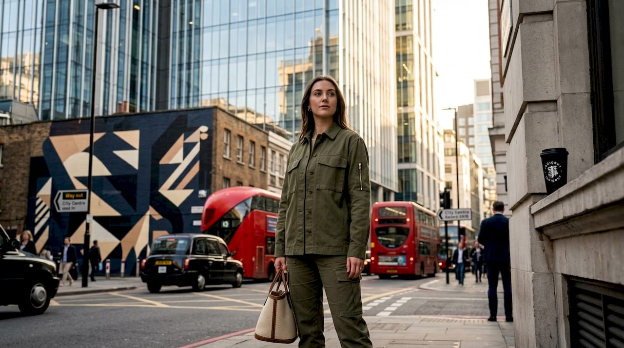 Urban street scene showing modern utility fashion style