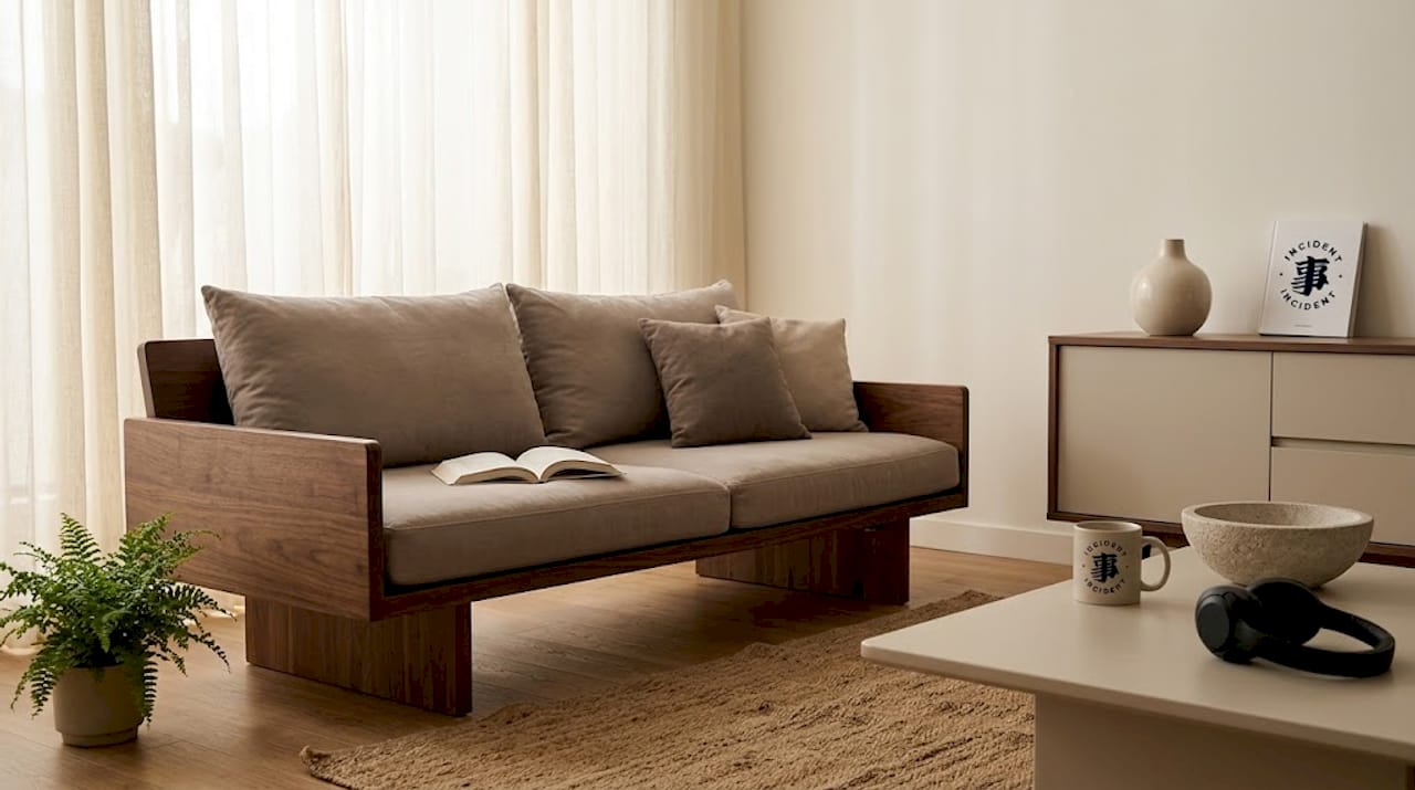 Japandi living room with wood and linen