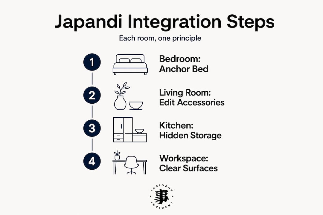 Infographic showing Japandi steps for rooms