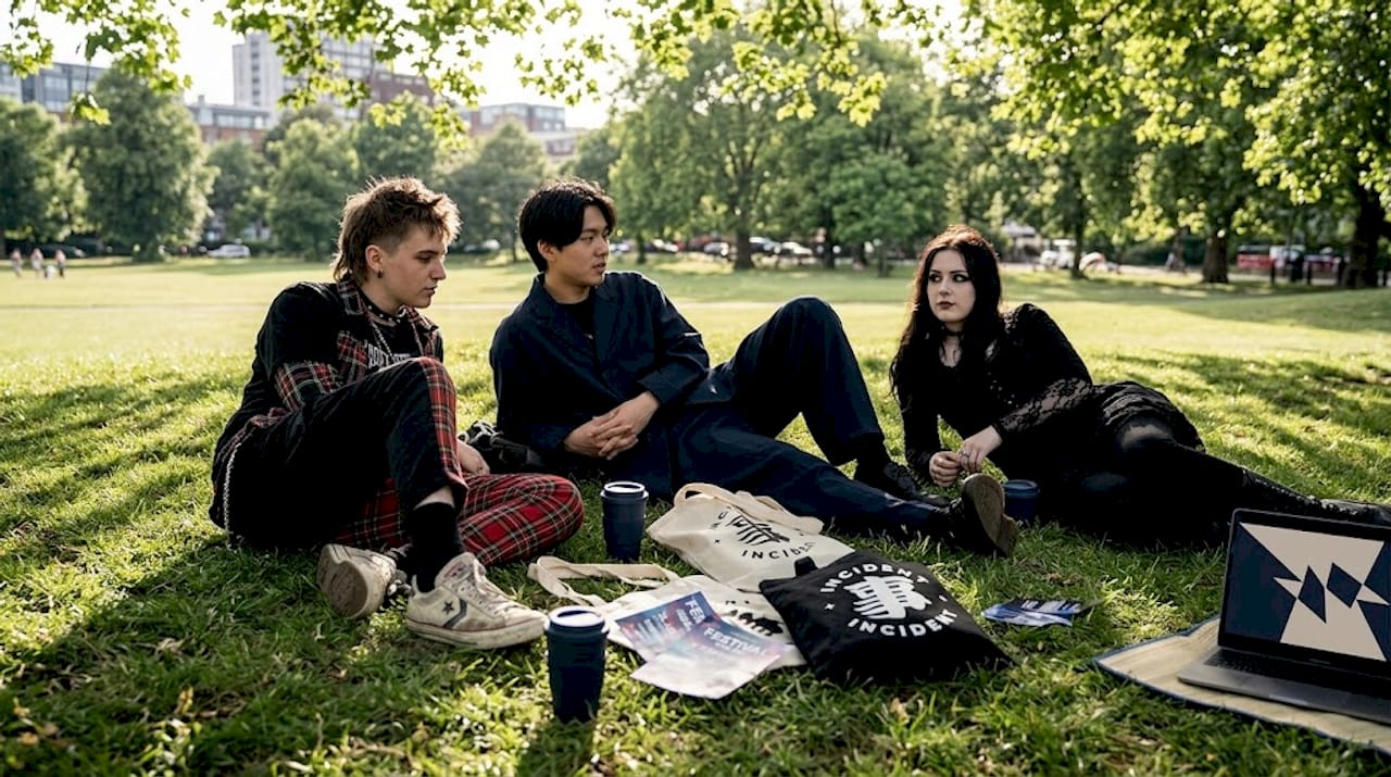 Young adults in distinct streetwear outside café