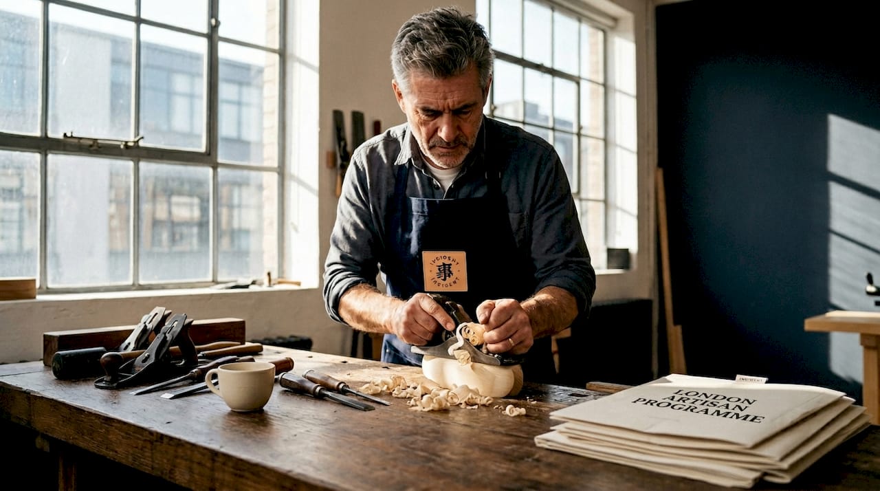 Japanese artisan shaping wood in studio