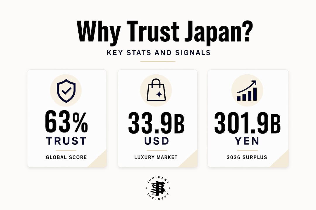 Infographic highlighting key statistics on trust in Japanese goods