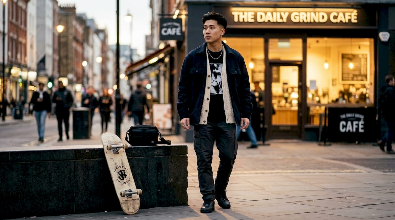 Person layering urban streetwear in city