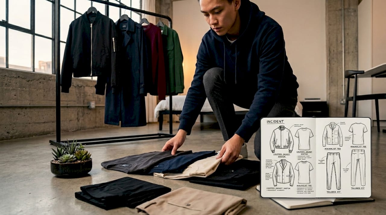 Person arranging minimalist streetwear capsule wardrobe
