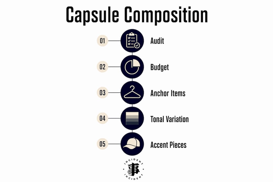 Infographic illustrating steps to build a minimalist streetwear capsule