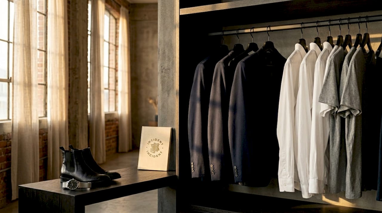 Minimalist wardrobe with neutral clothing and accessories