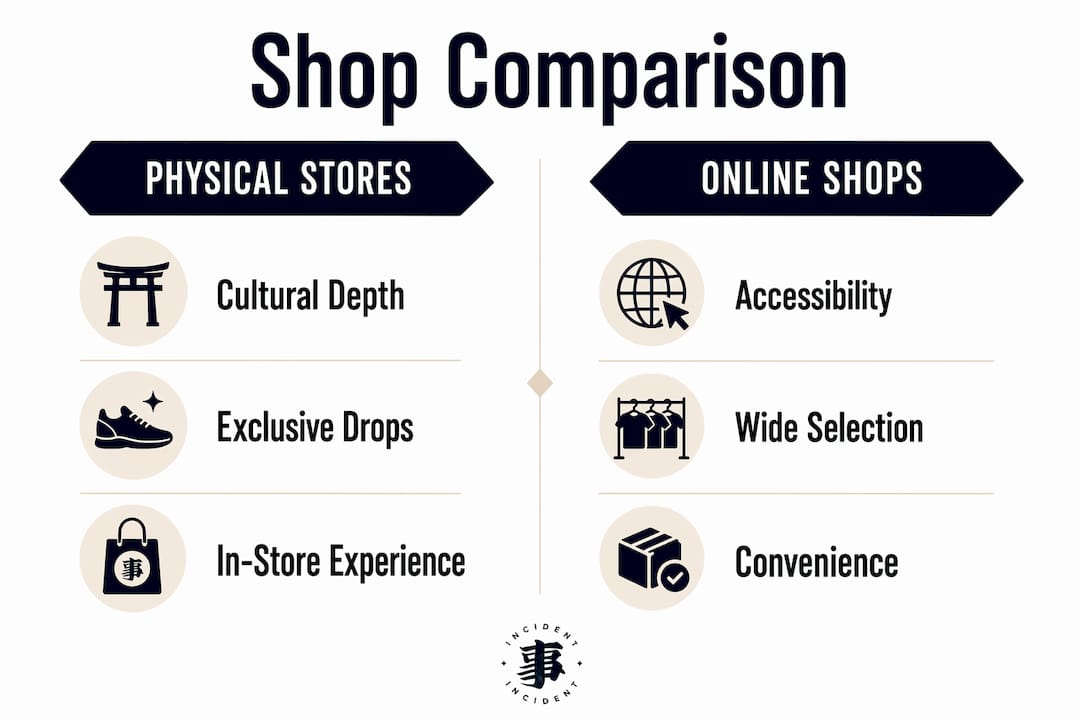 Infographic comparing physical and online Japanese streetwear shops in Europe