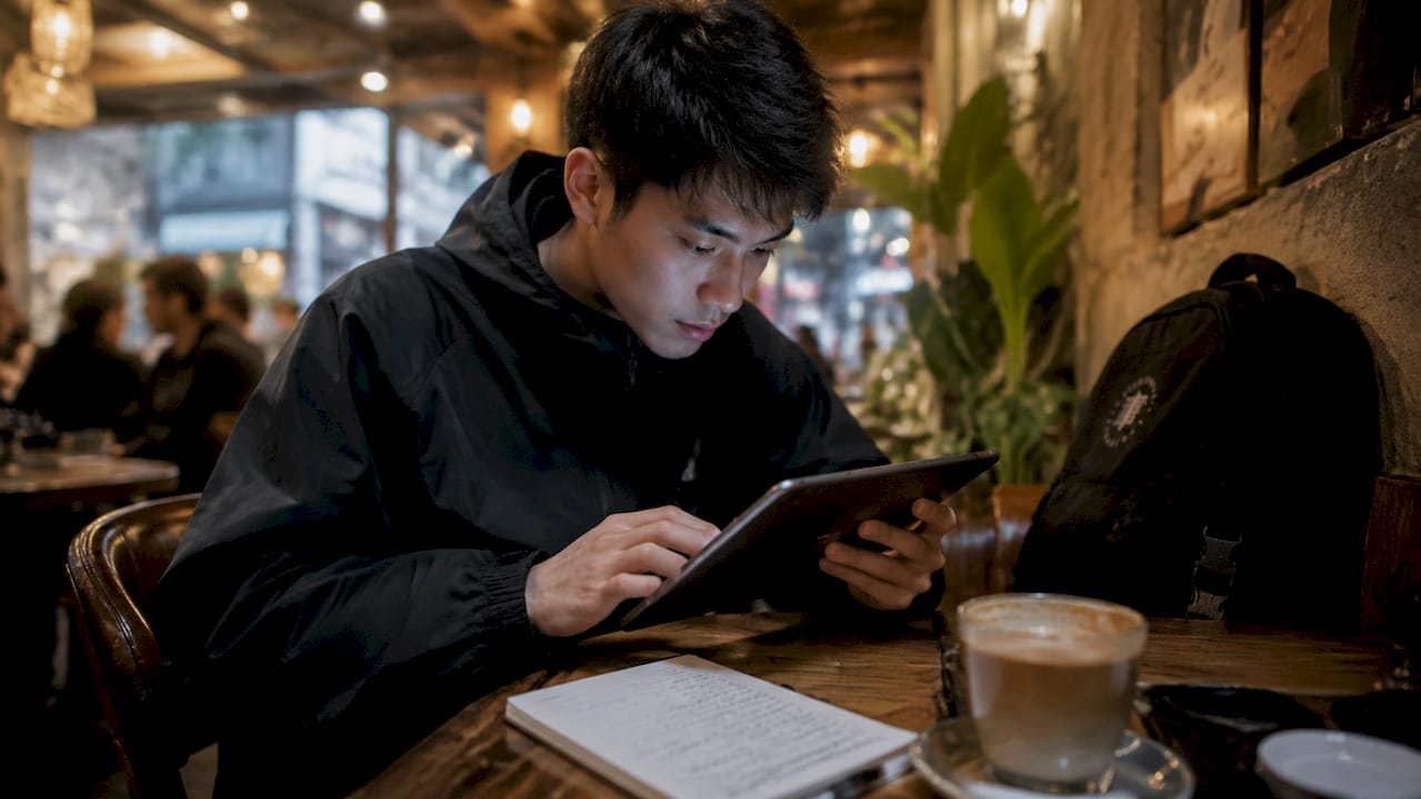 Person browsing techwear on laptop indoors
