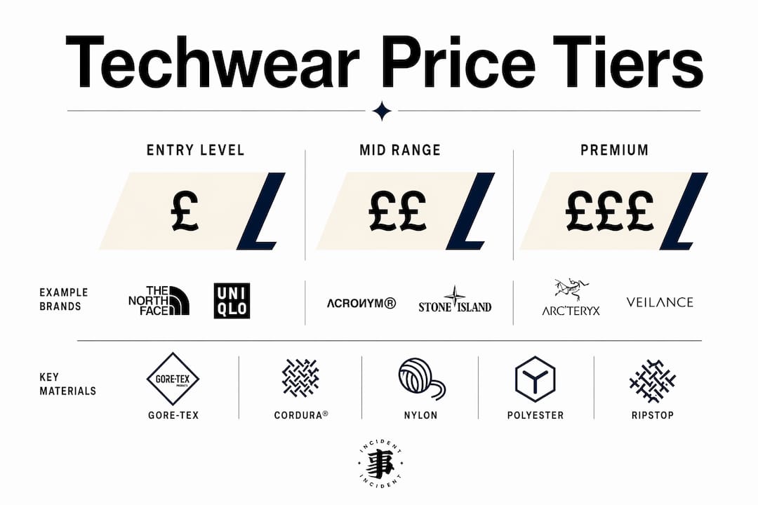 Infographic showing techwear price ranges and materials