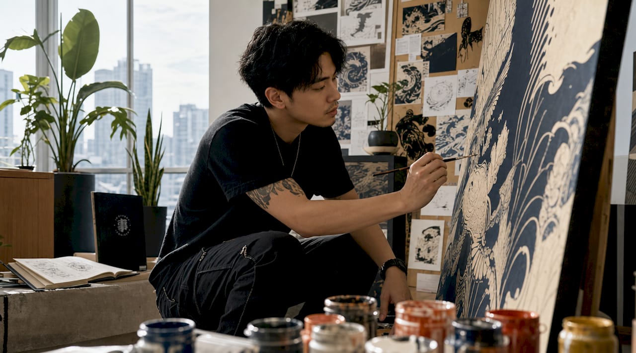 Designer sketching Ukiyo-e T-shirt graphics