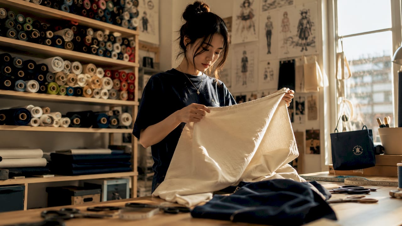 Person inspecting anime streetwear fabric sample