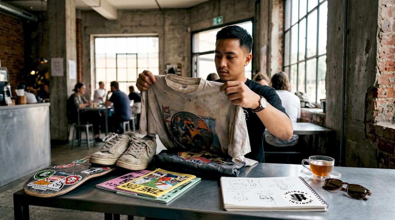 Person studying vintage skatewear pieces on table