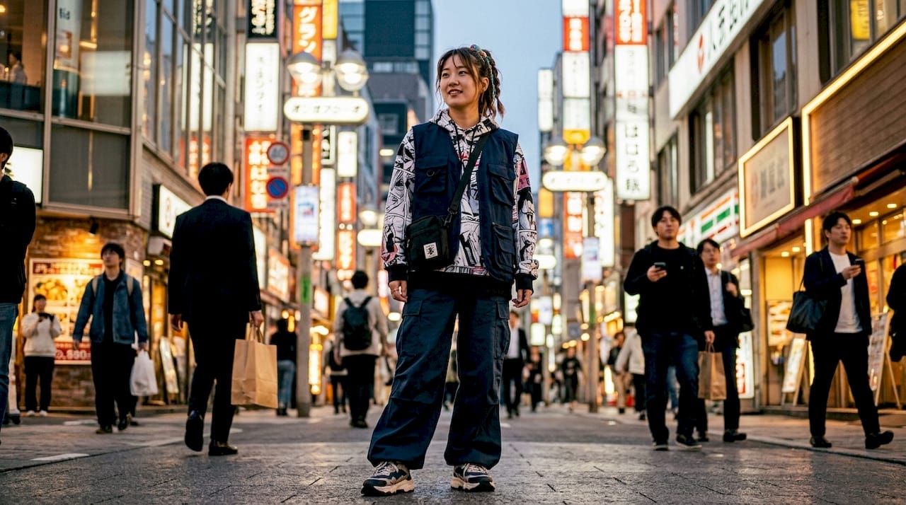 Woman wearing manga inspired streetwear outdoors