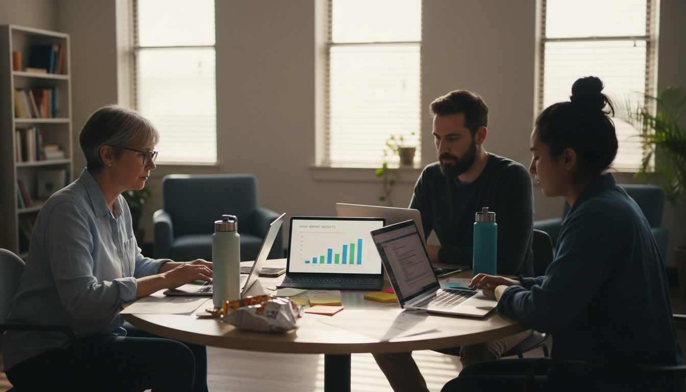 Team collaborating on survey result analysis