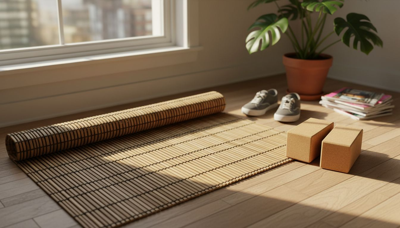 Detalle de esterilla de yoga de bambú y bloques de corcho
