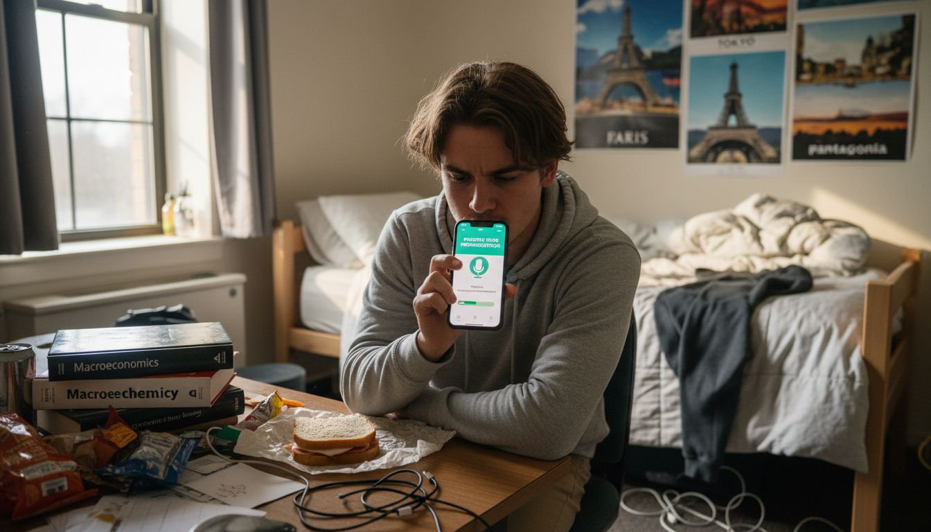 Student speaking into AI language app in dorm