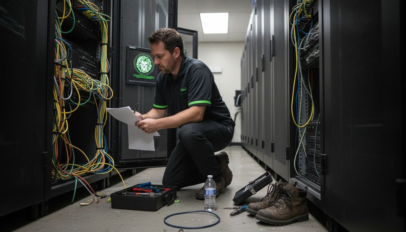 Technician working on server rack cables