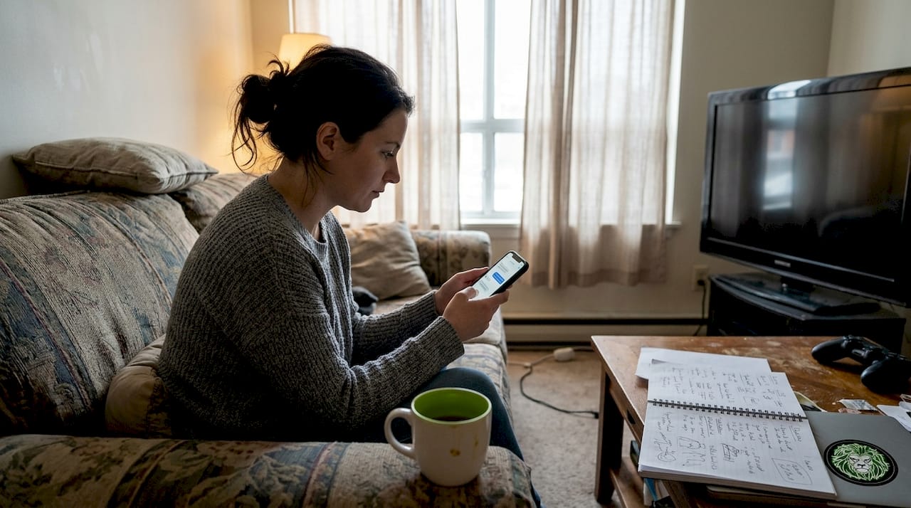Chatbot user on sofa with smartphone