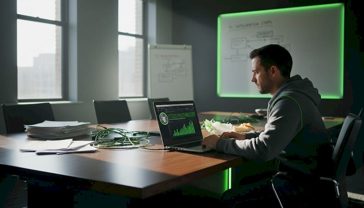 IT manager reviews AI platform options at cluttered conference table