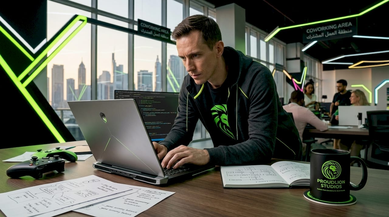 Developer at desk with blockchain tools