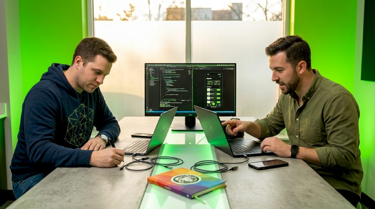 Developers testing apps on phones at desk