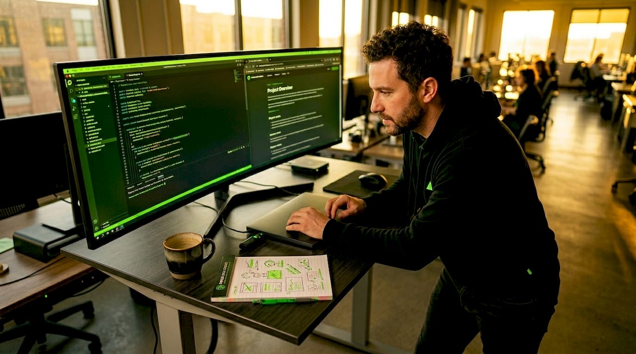 Developer reviewing code at desk with sunlight
