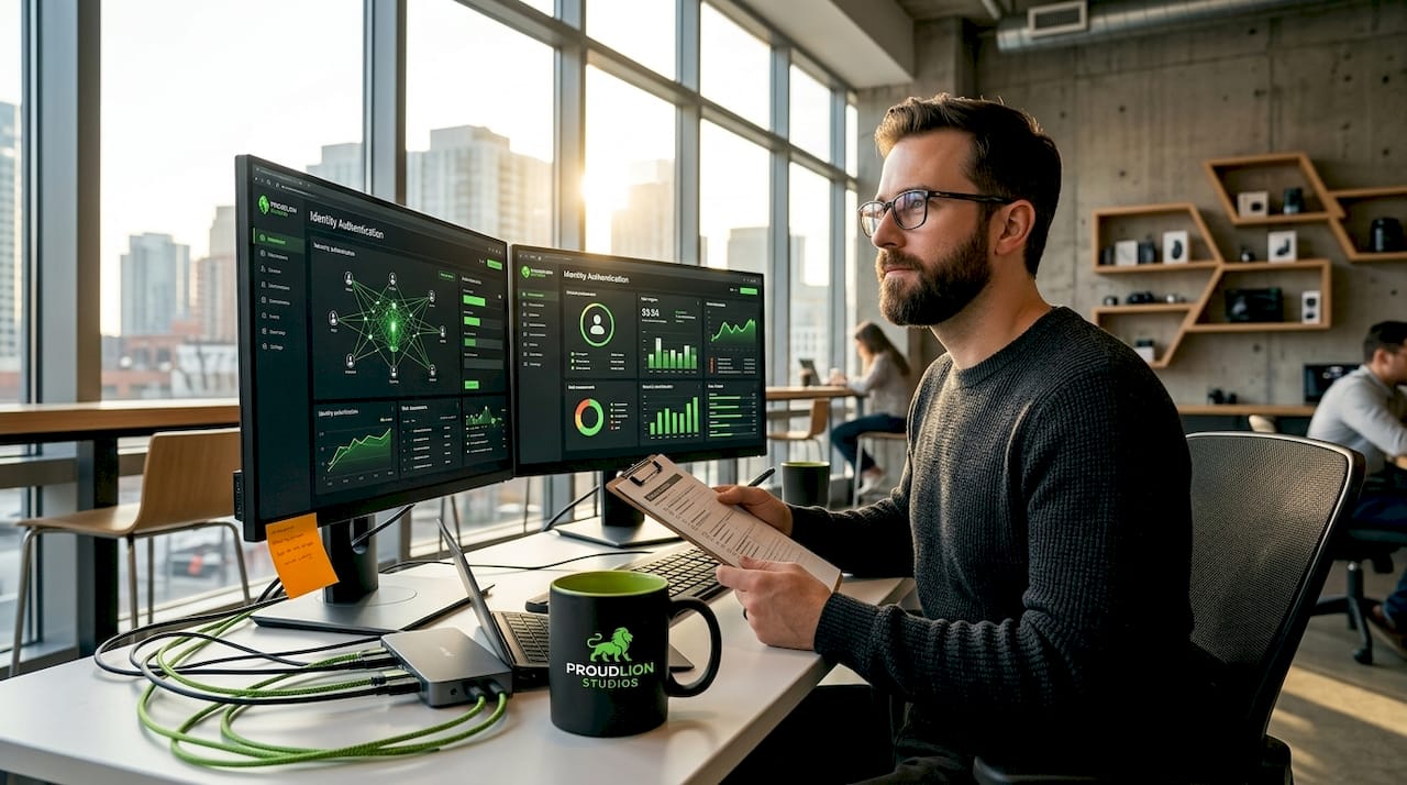 IT manager checks AI security settings at workstation