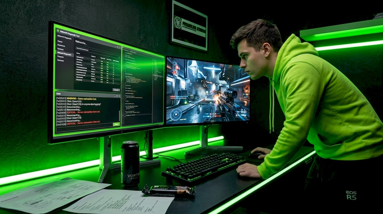 Developer testing multiplayer game on dual monitors