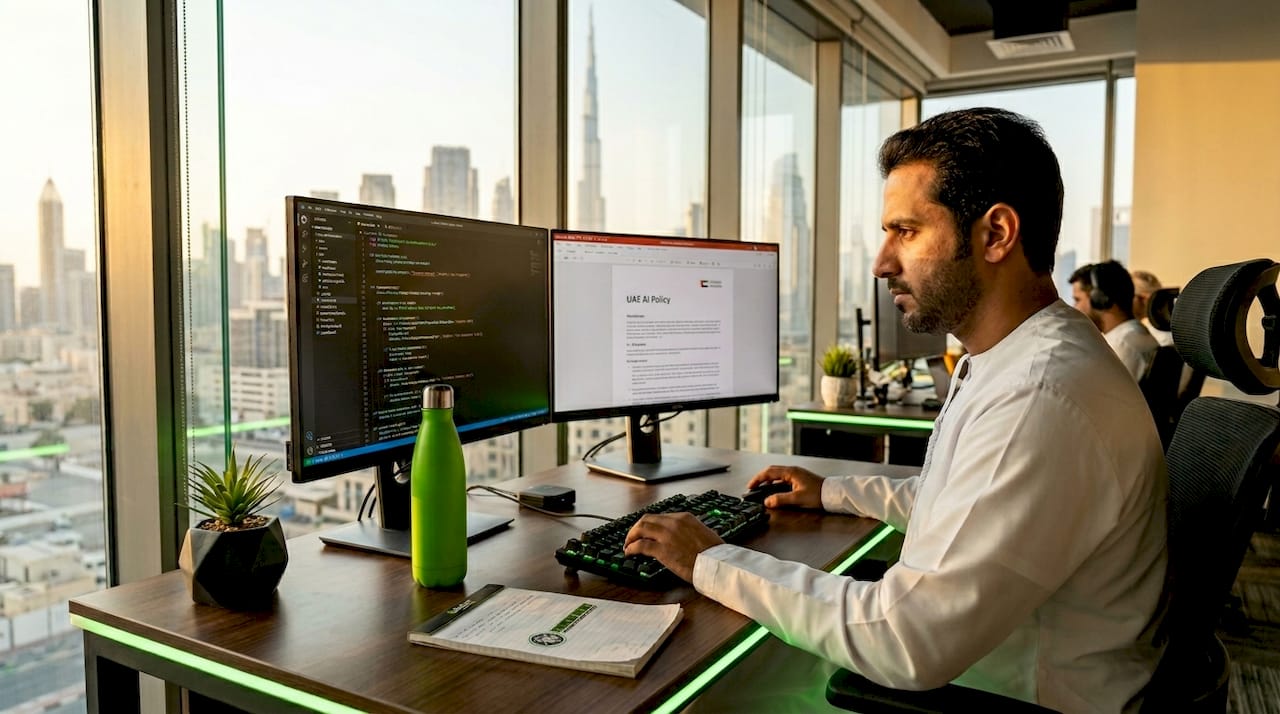 Emirati software engineer at Dubai office desk