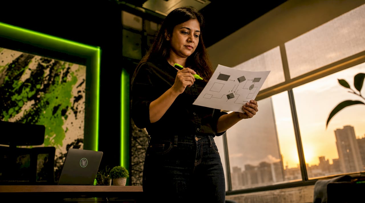 Woman reviewing AI workflow documents at office desk