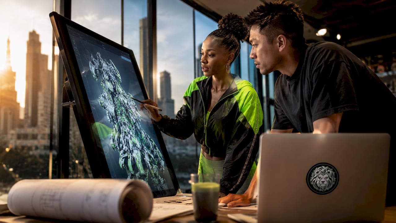 Engineers collaborating on 3D digital prototype