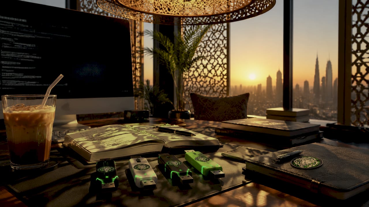 Blockchain tech workspace with gaming security keys