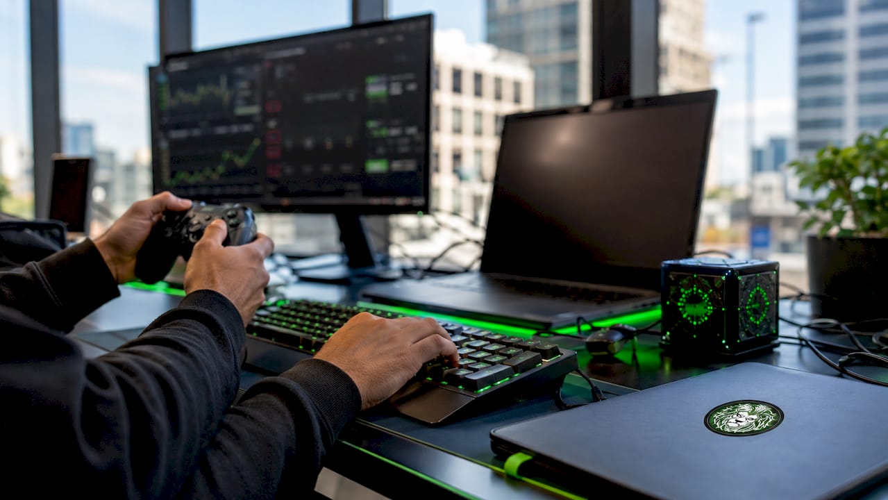 Gaming and blockchain workstation with analytics screens