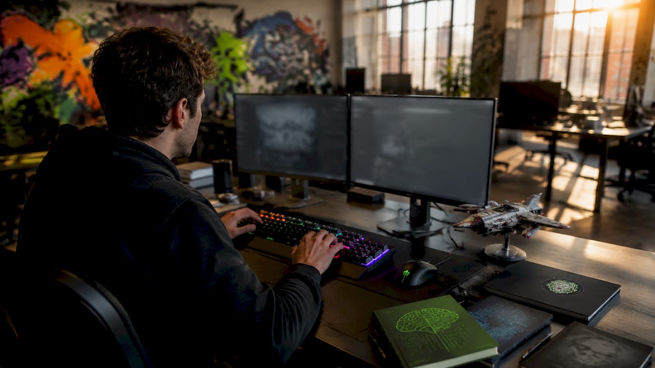 Office desk with gaming keyboard and AI tech manuals