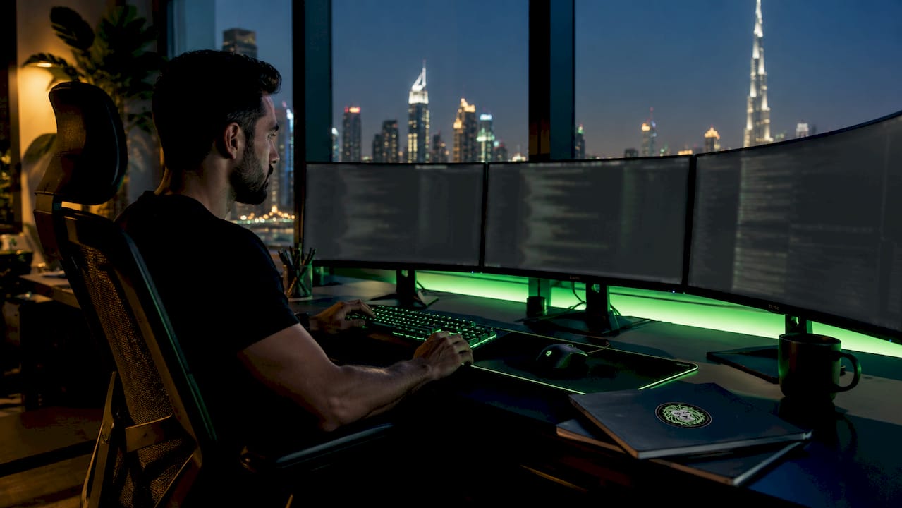 Modern UAE office with blockchain and gaming tech setup