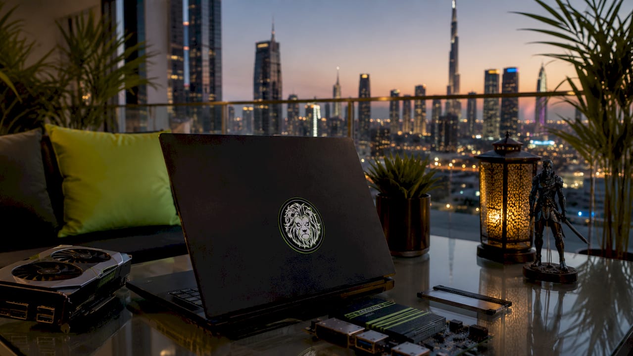 Gaming laptop with edge AI setup in UAE office