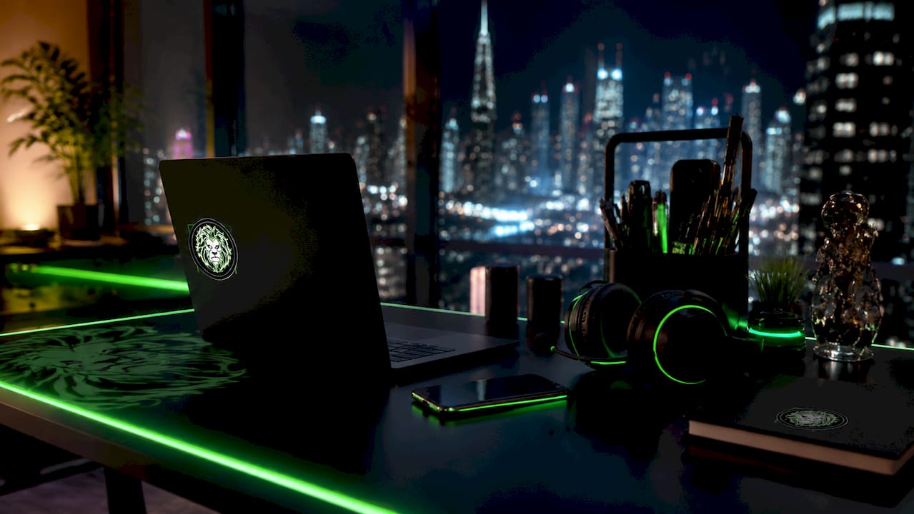 Workspace with blockchain developer tools and gaming headset