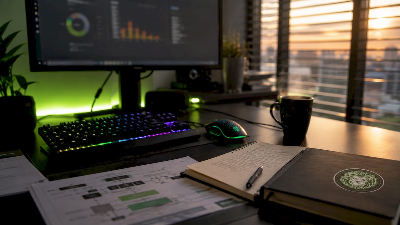 Modern tech office with ERP dashboard and gaming headset