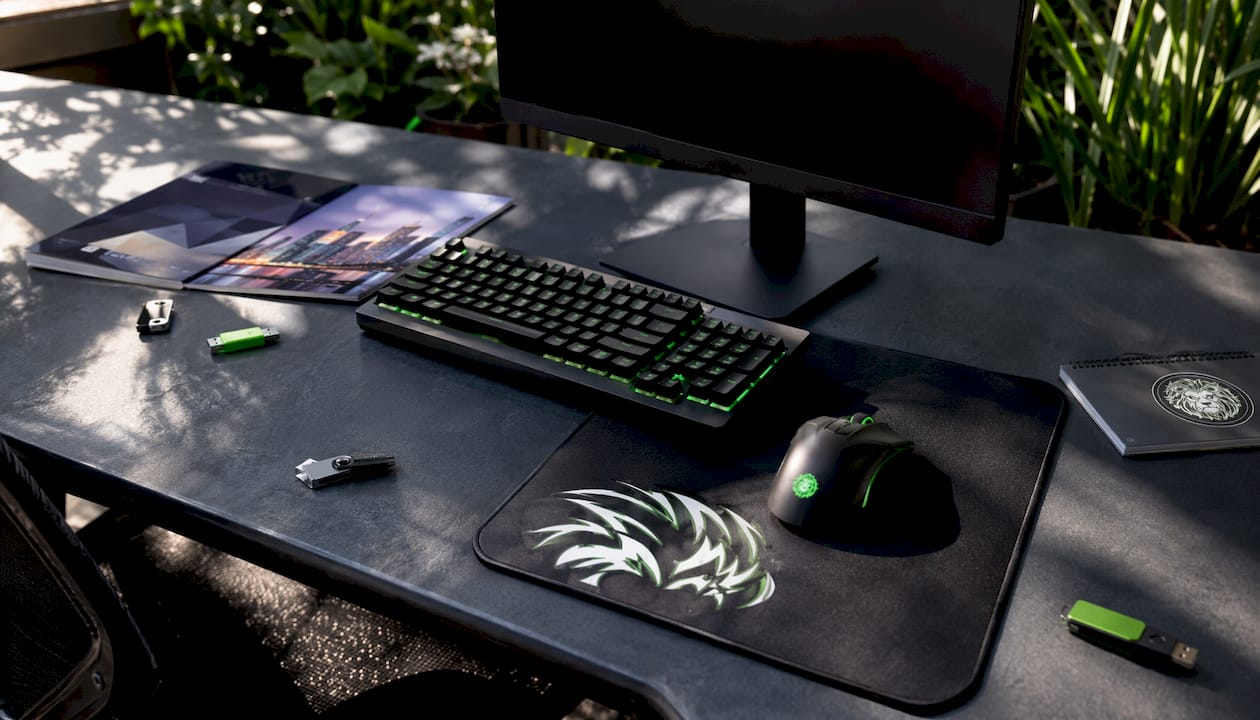 Gaming-themed tech startup desk setup