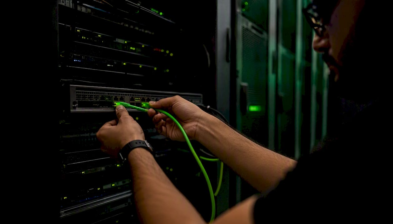 Hands connecting network cable in data center