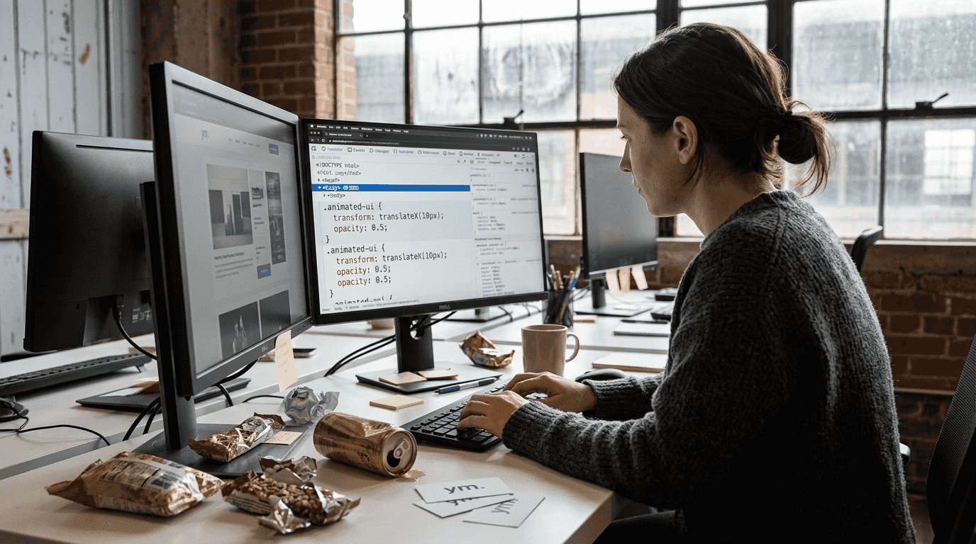 Developer animating UI with code and browser tools