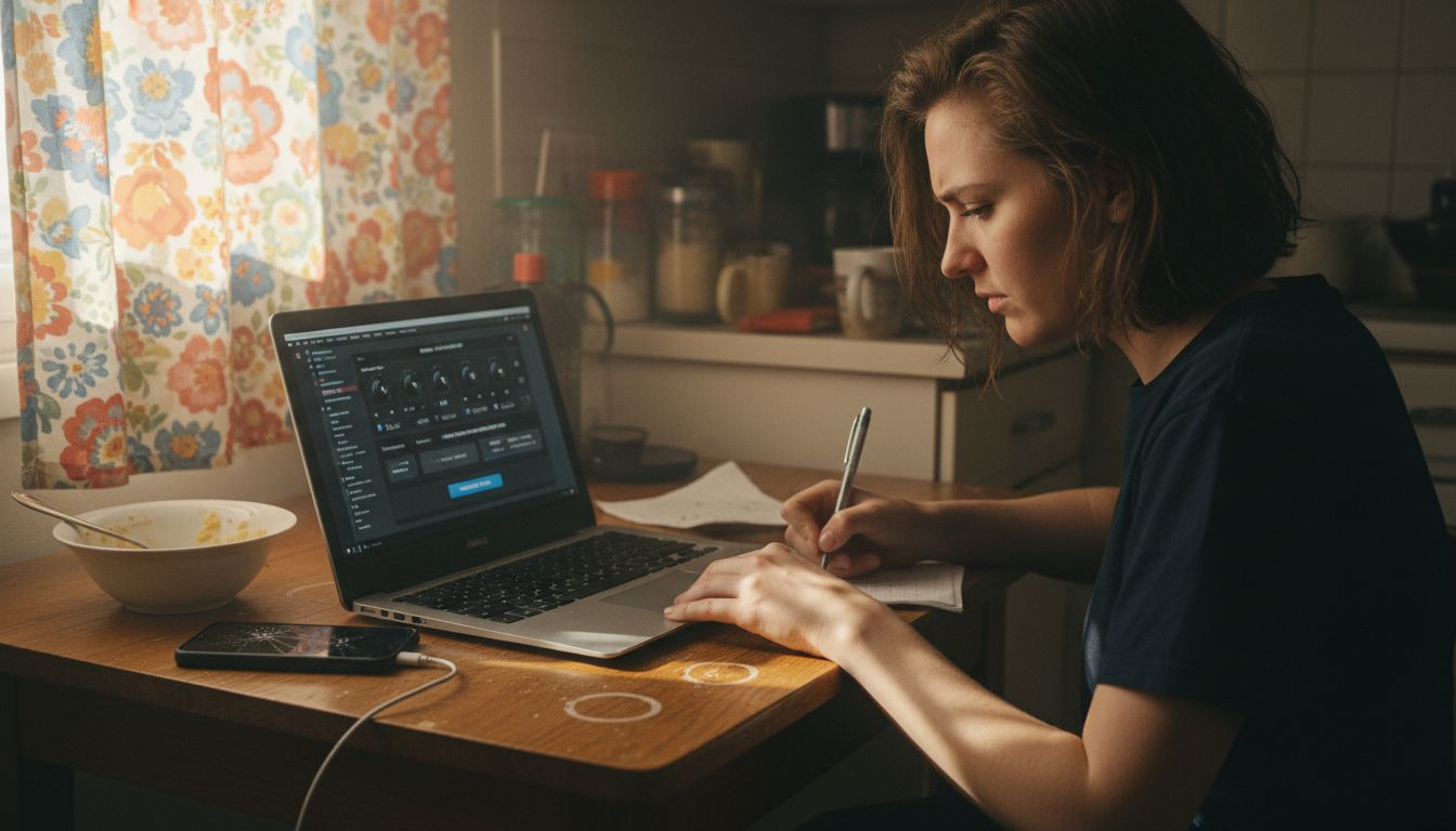 Woman configuring AI music platform at cluttered table