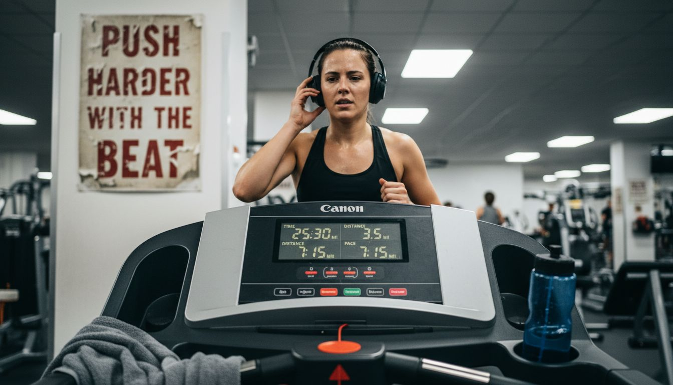 Woman adjusting headphones on treadmill listening to EDM