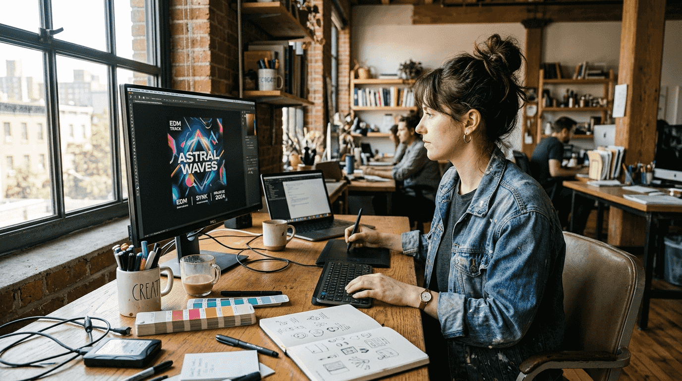 Designer editing AI album cover art