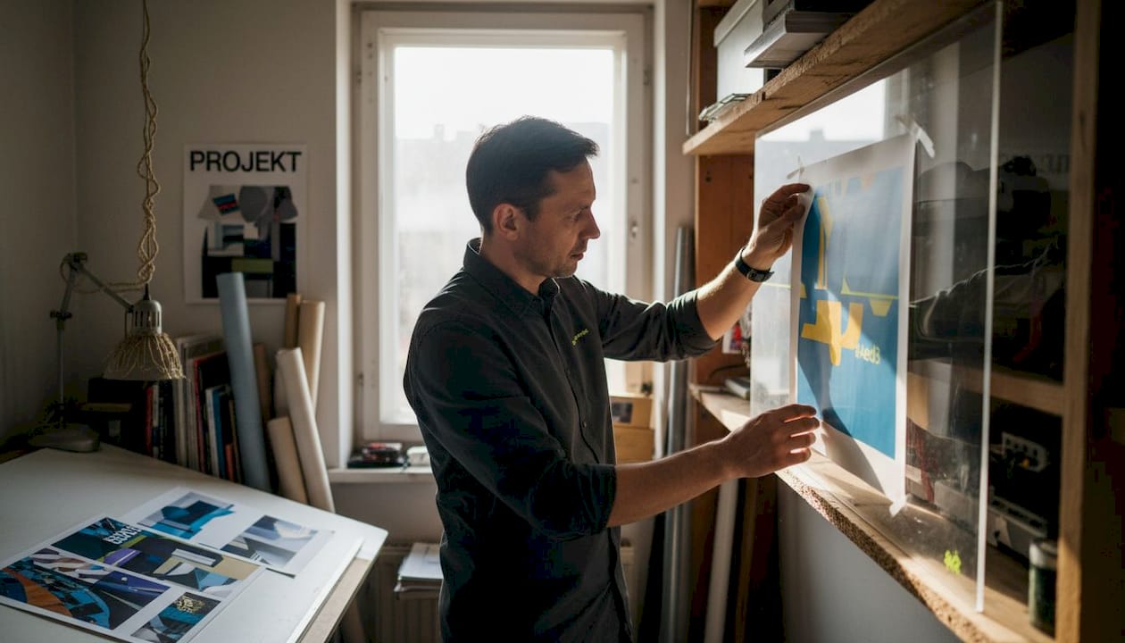 Projektant przygląda się ekspozytorowi z plexi podczas pracy w pracowni.