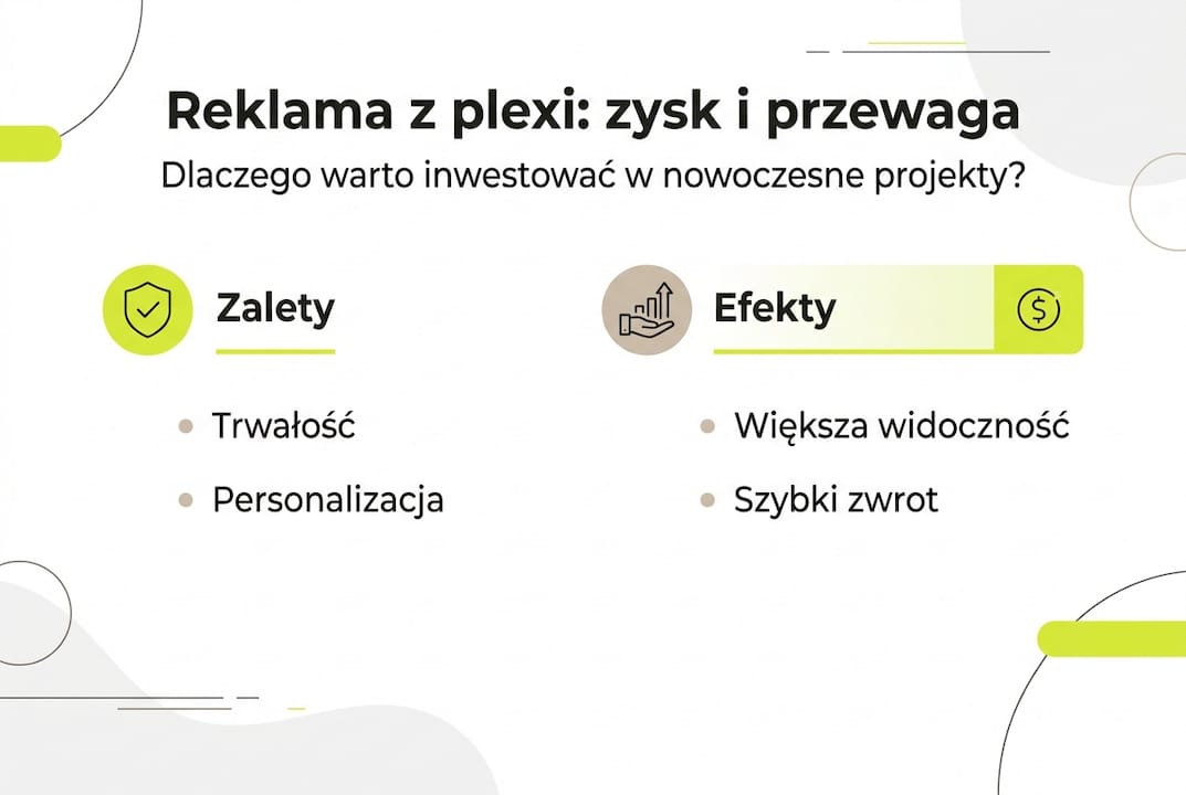 Infografika prezentująca korzyści płynące z reklamy wykonanej z plexi