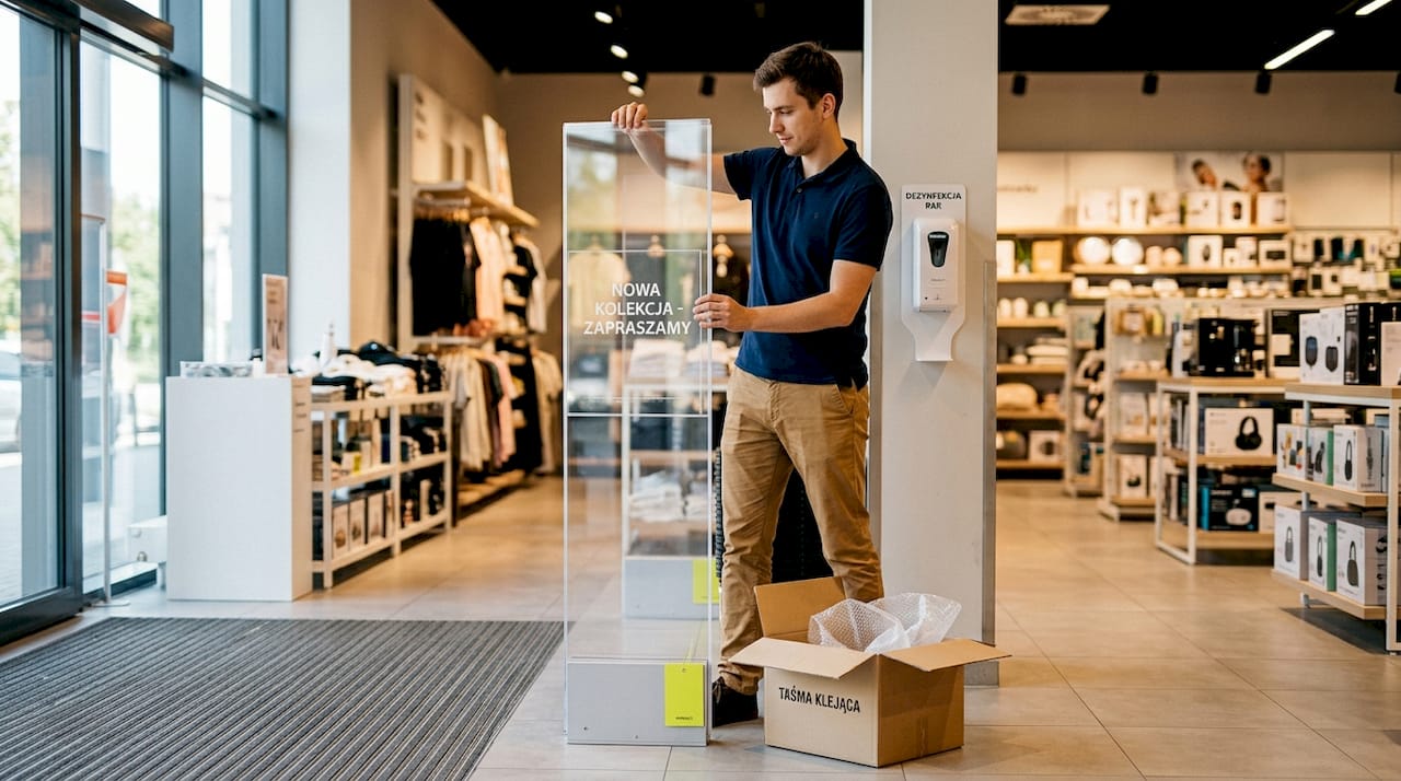 Pracownik sklepu poprawia ekspozytor z plexi na sali sprzedaży.